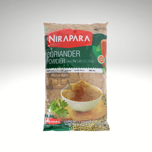 Nirapara Coriander Powder, aromatic ground coriander spice in a branded package, perfect for enhancing the flavour of Indian dishes.