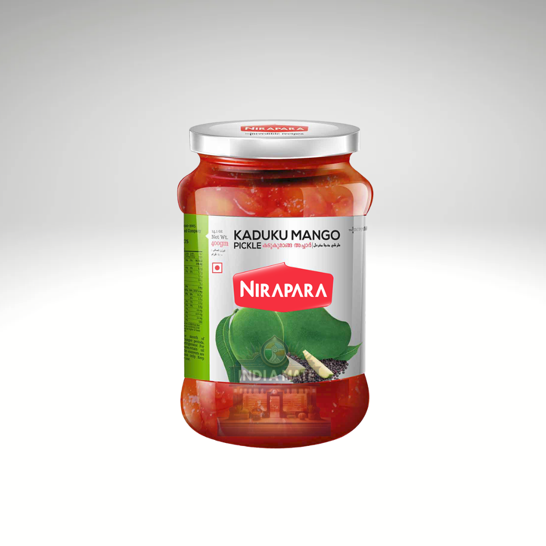 Nirapara Kaduku Mango Pickle – Tangy and spicy South Indian pickle made with raw mangoes, mustard, and aromatic spices, ideal for adding a burst of flavor to your meals."