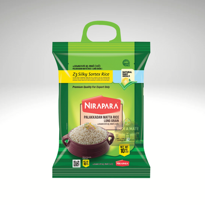 Green package of Nirapara Palakkadan Matta Mitta Long Grain Rice on a white background.