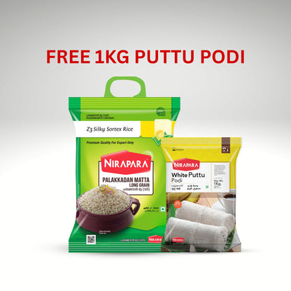 Nirapara rice and puttu podi packages with promotional text on a gray background.