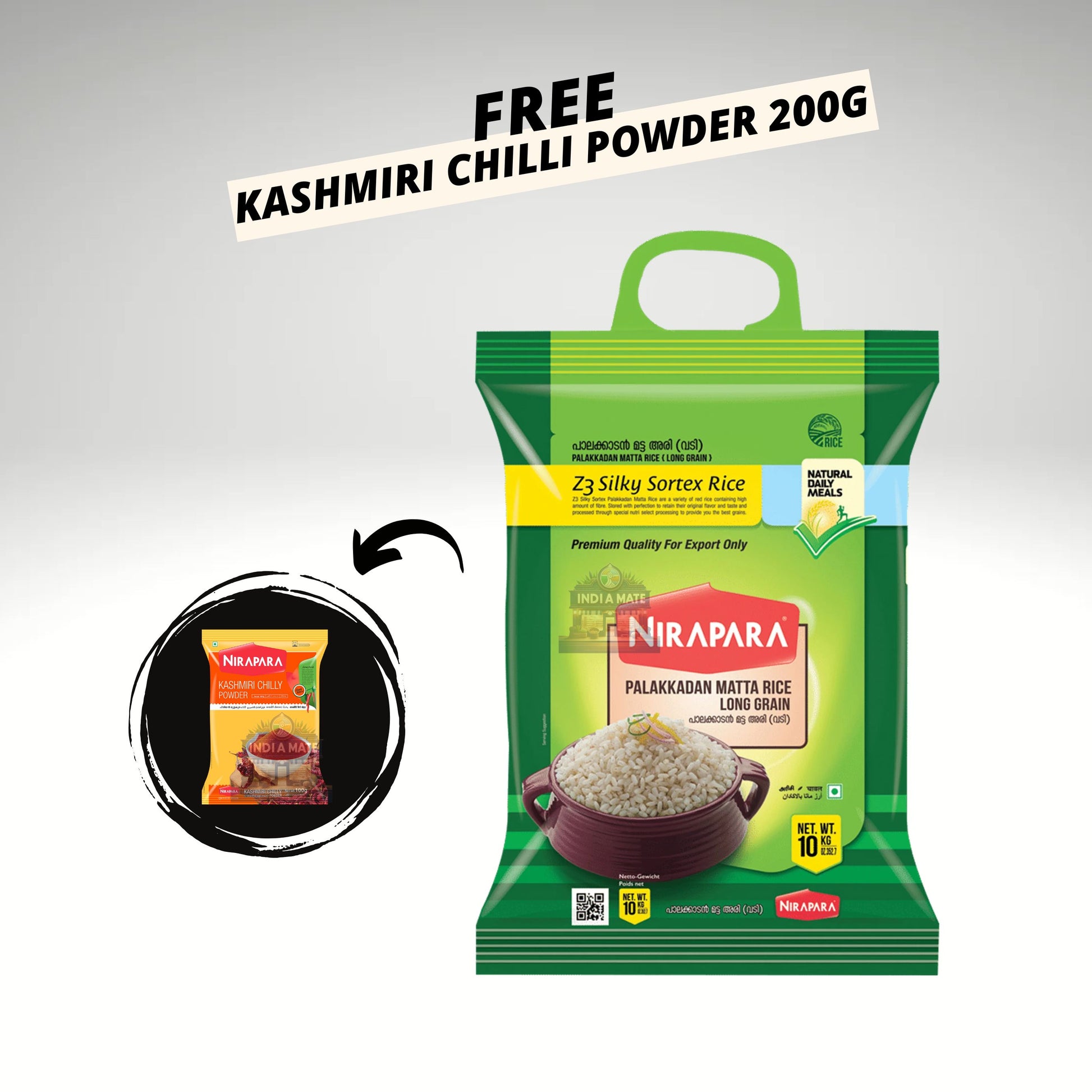 Pack of Nirapara Matta Rice with a free Kashmiri Chilli Powder pouch, showcasing premium quality and authentic Indian flavours, perfect for traditional recipes.