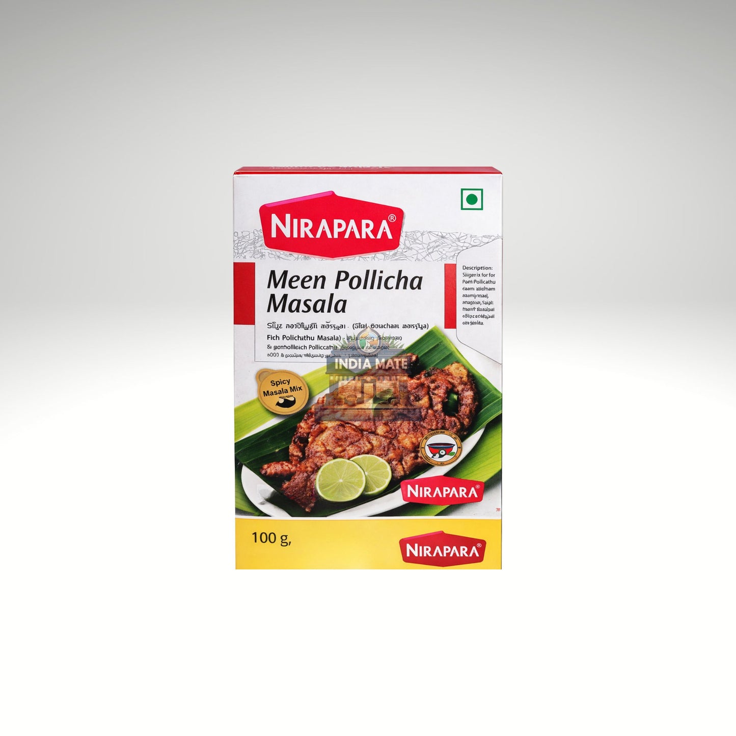 Nirapara Meen Pollich Masala spice mix packaging on a white background.