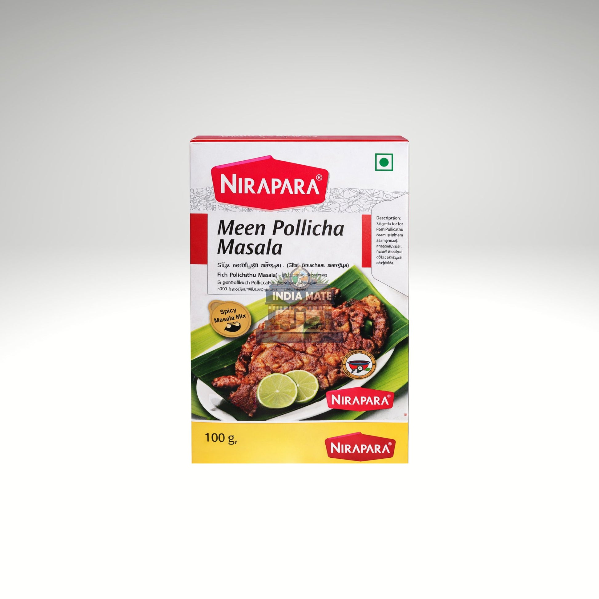 Nirapara Meen Pollich Masala spice mix packaging on a white background.
