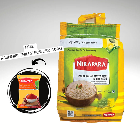 Packet of Nirapara Short Grain Matta Rice, premium-quality red rice known for its rich flavour and nutritional value, perfect for traditional South Indian meals.