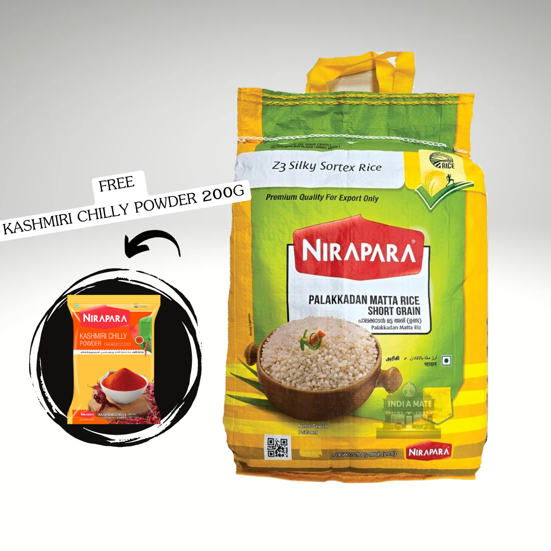 Packet of Nirapara Short Grain Matta Rice, premium-quality red rice known for its rich flavour and nutritional value, perfect for traditional South Indian meals.







