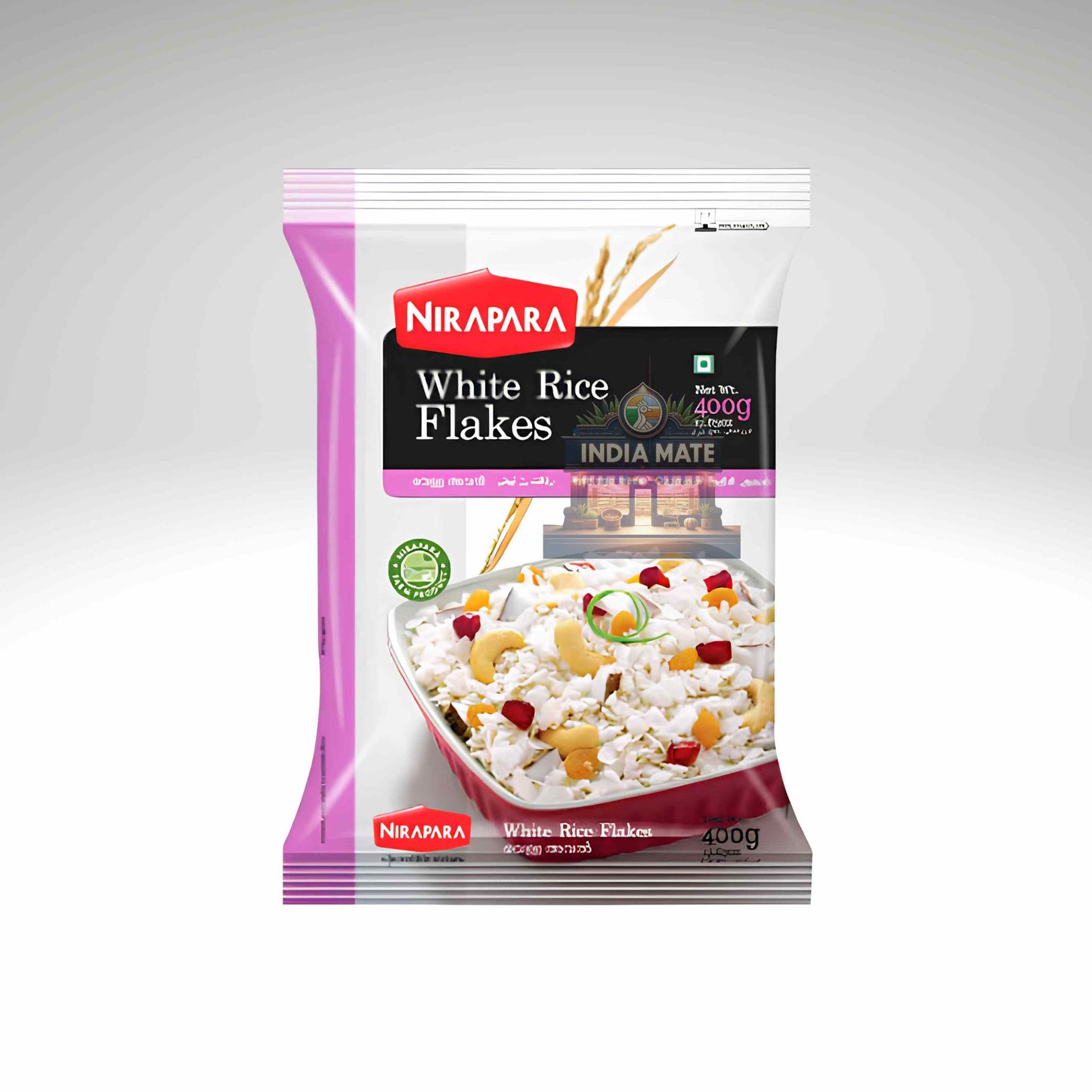 A 400g package of Nirapara White Rice Flakes (India Mate) on a light gray gradient background. The packaging features a white and pink design with a prominent black label, showing a bowl of the prepared snack mix.