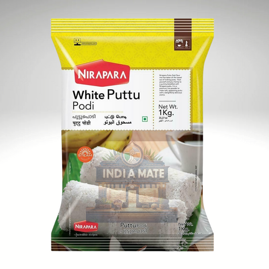 Pack of Nirapara White Puttu Podi, featuring a premium rice flour mix ideal for preparing soft and fluffy puttu, a beloved South Indian breakfast delicacy.