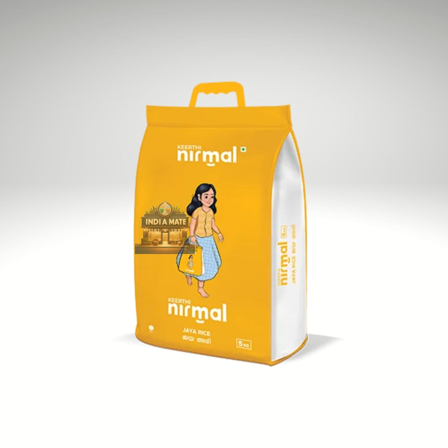 Nirmal Jaya rice in yellow packaging with a woman illustration on a white background.