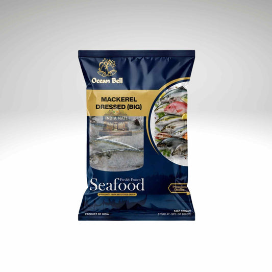 Ocean Bell Premium Pan Ready Mackerel (Ayala) in blue packing on white background.
