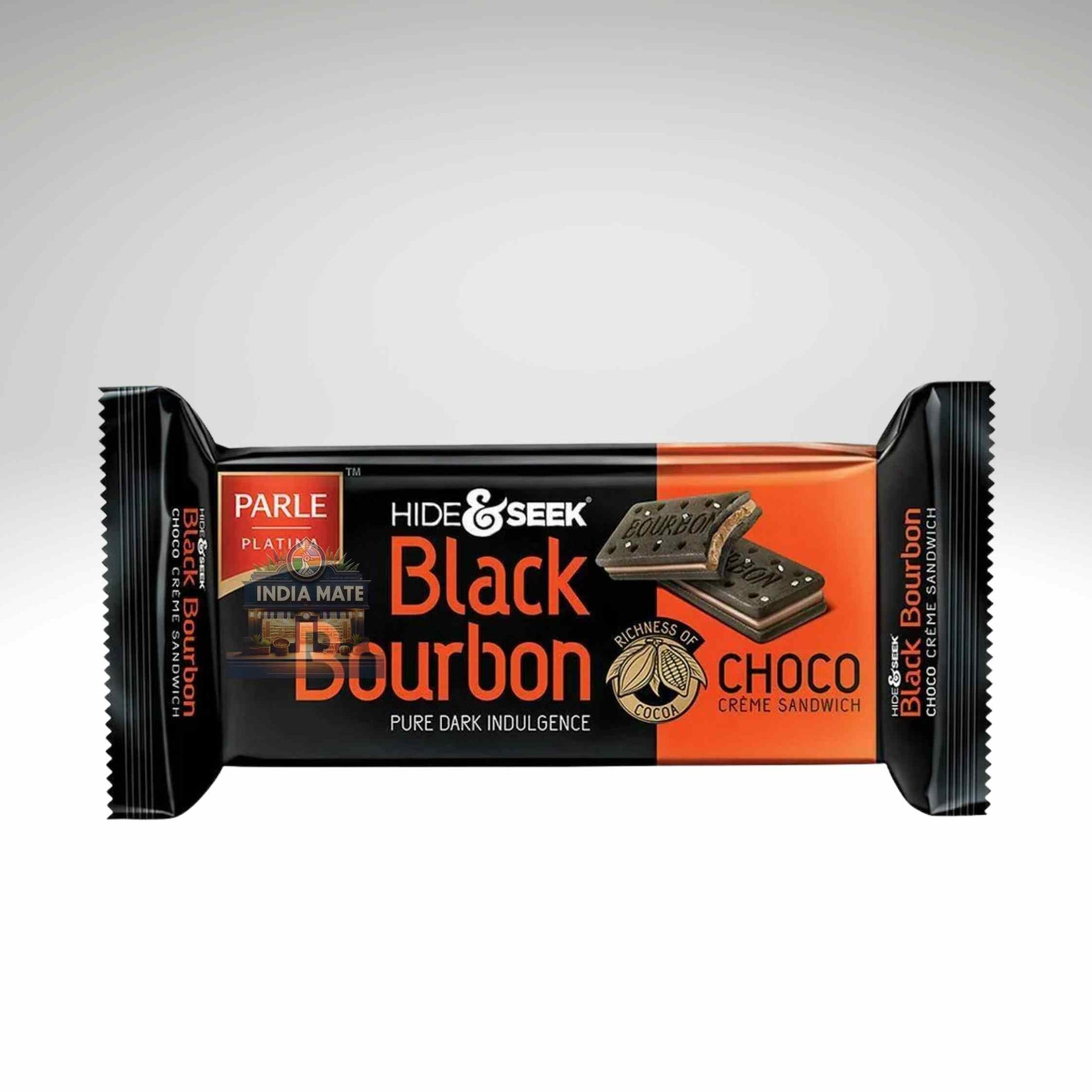 Parle Hide & Seek Black Bourbon chocolate bar packaging on a white background.