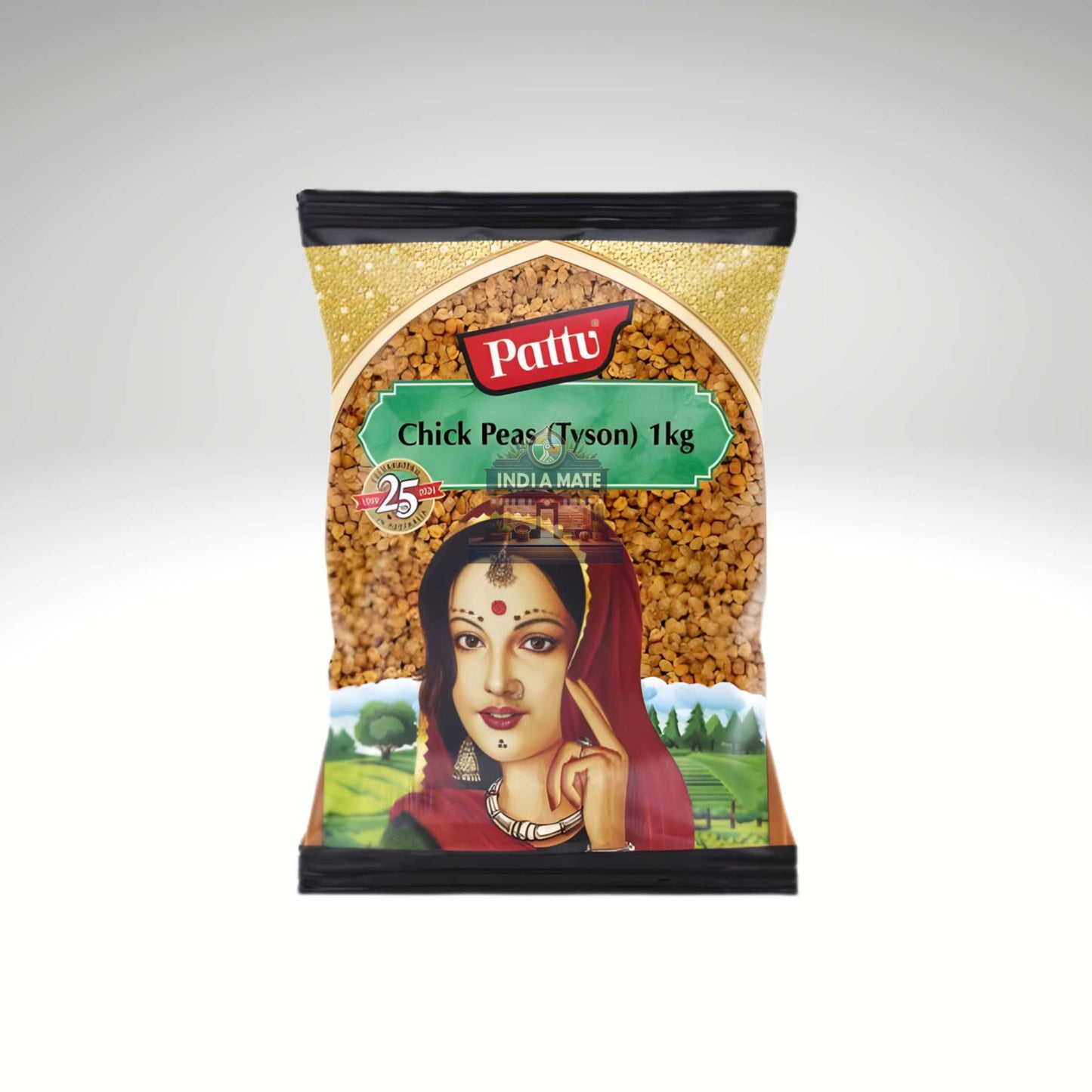 Pattu chick peas packaging with a woman's face on the label against a white background.