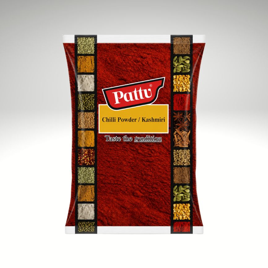 A bag of Pattu Kashmiri chili powder, featuring a textured red background with decorative borders of various whole spices on the sides .
