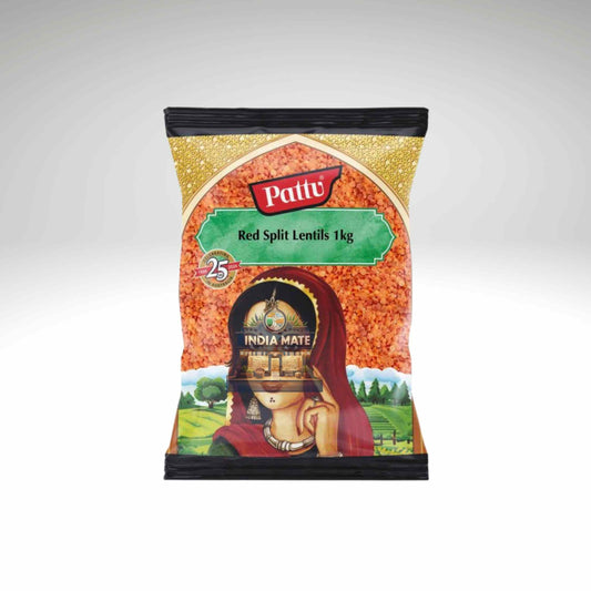 Pattu red split lentils packaging on a white background.