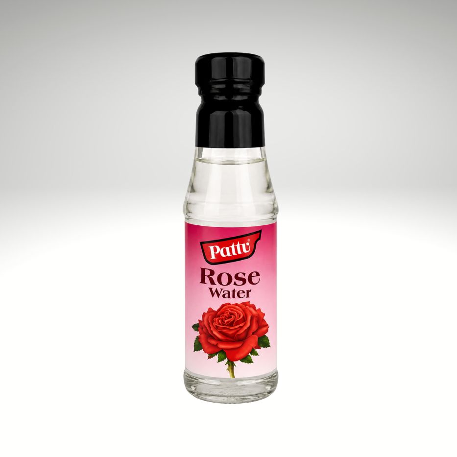 A small clear glass bottle of Patte Rose Water with a black cap and a pink label featuring a red rose, centered on a light gray gradient background.