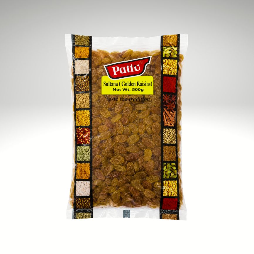 A 500g bag of Patto Sultana Golden Raisins, featuring golden-brown raisins inside a clear plastic pouch with a colorful label and decorative borders of spices.