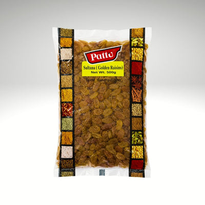 A 500g bag of Patto Sultana Golden Raisins, featuring golden-brown raisins inside a clear plastic pouch with a colorful label and decorative borders of spices.