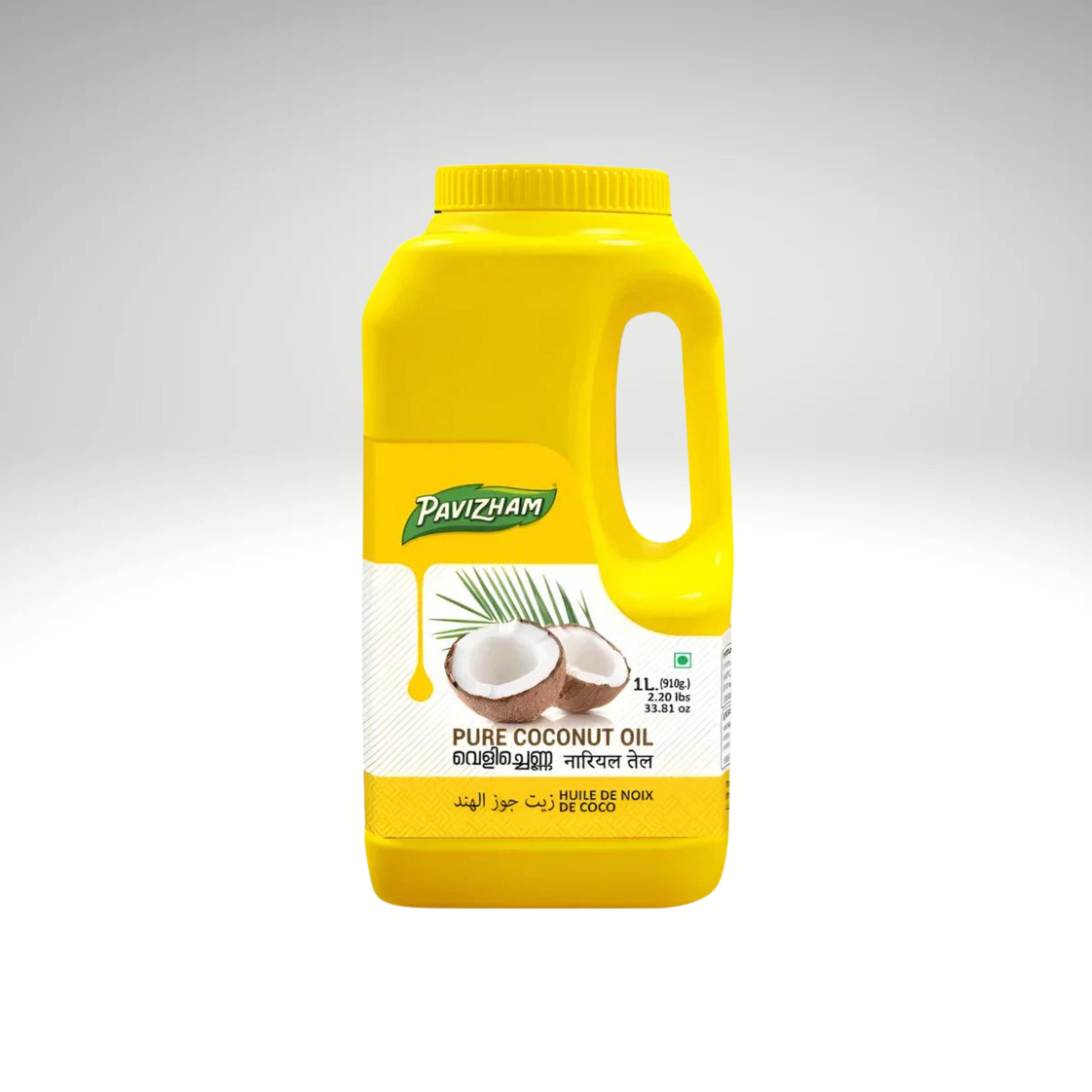 Pavizham Coconut Oil bottle showcasing a clear, golden liquid, labelled with vibrant green and yellow accents, representing pure and natural coconut oil for cooking and health purposes.