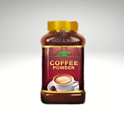 Jar of India Mate coffee powder on a white background