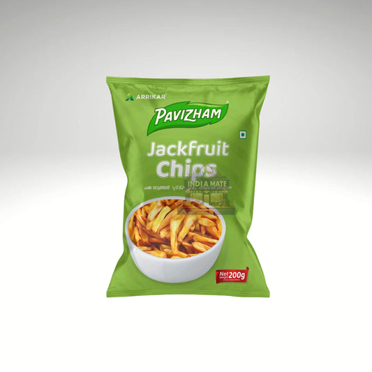 A pack of Pavizham Jackfruit Chips – crispy Kerala-style snack made from ripe jackfruit, available at Indiamate.