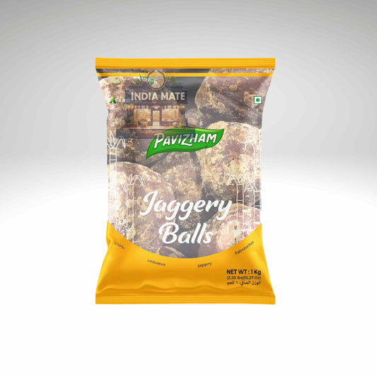 Packaged jaggery balls with 'Pavizham' branding on a gray background
