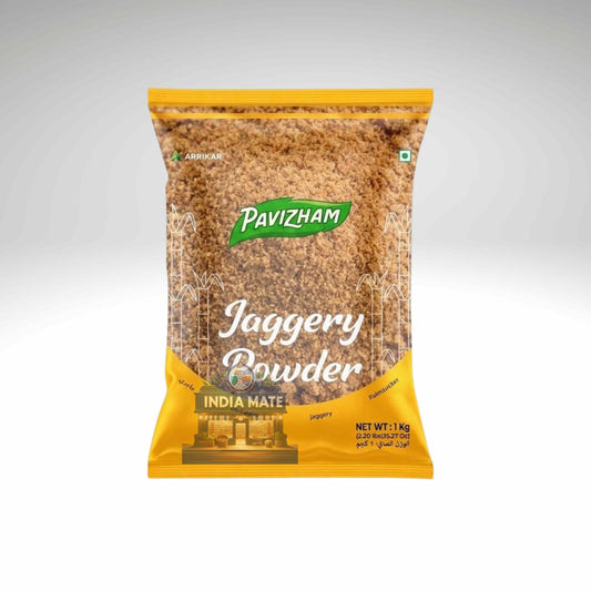 Pavizham Jaggery Powder packaging on a gray background