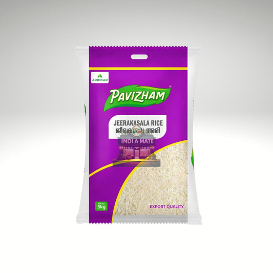 Pavizham jeerakasala rice packaging on a white background.