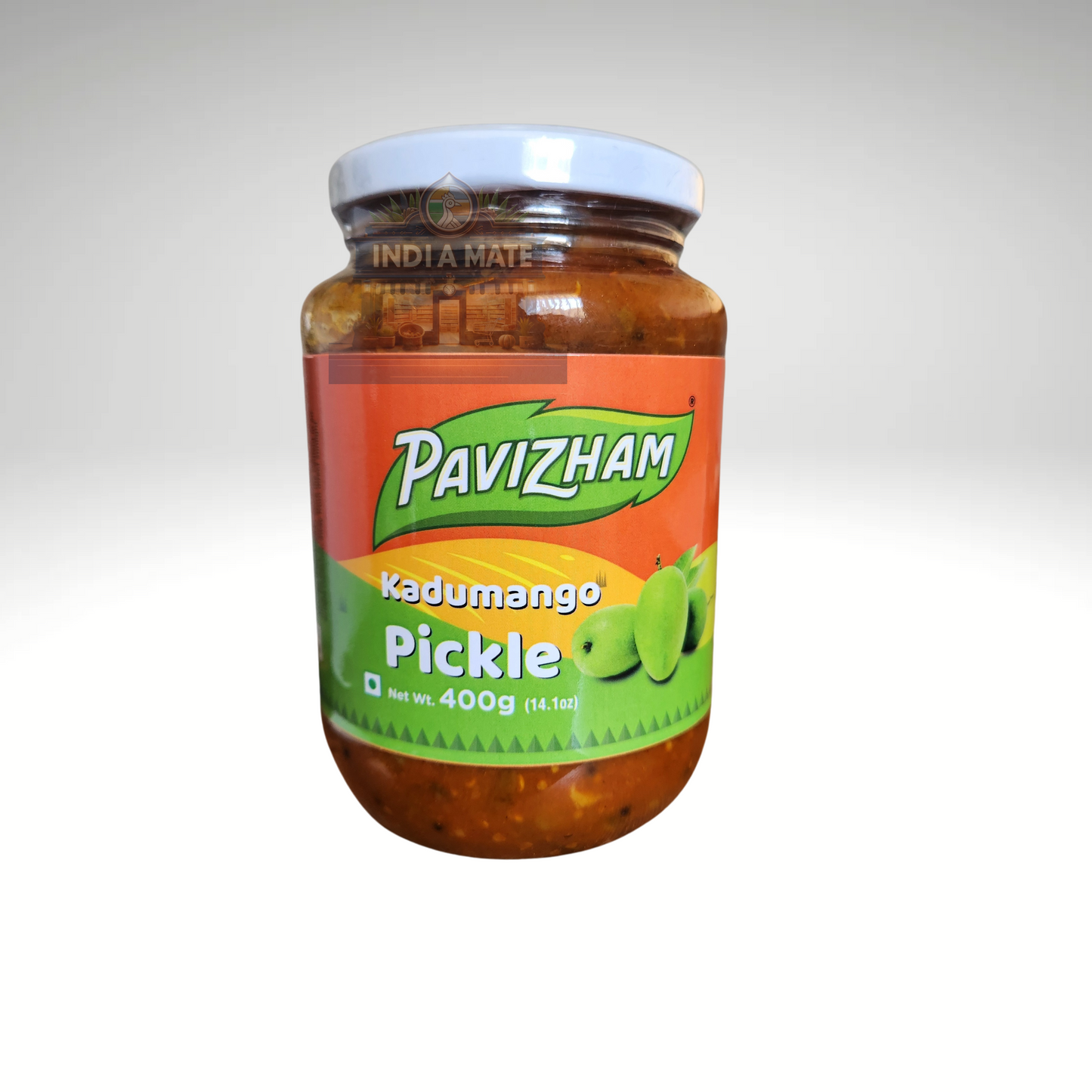 Pavizham Kadumango Pickle, tangy and spicy raw mango pickle, displayed in vibrant packaging with brand logo and product details.