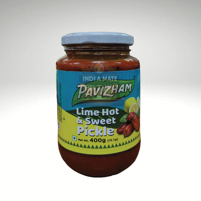 Jar of Pavizham Lime Hot & Sweet Pickle on a white background