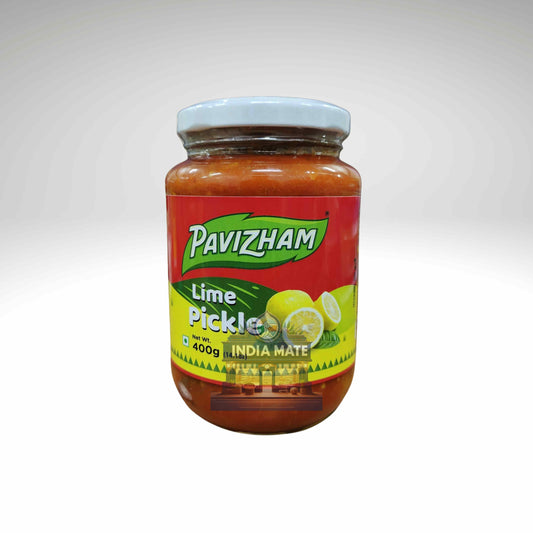Jar of Pavizham Lime Pickle on a white background