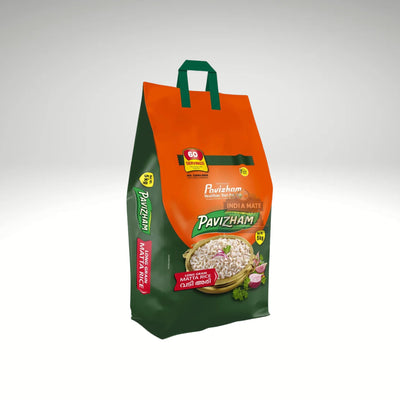 Orange and green rice bag with 'Pavizham' branding on a white background