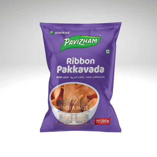 Pavizham Ribbon Pakkavada – Crispy Kerala-style ribbon snack made with spiced flour, available at IndiaMate