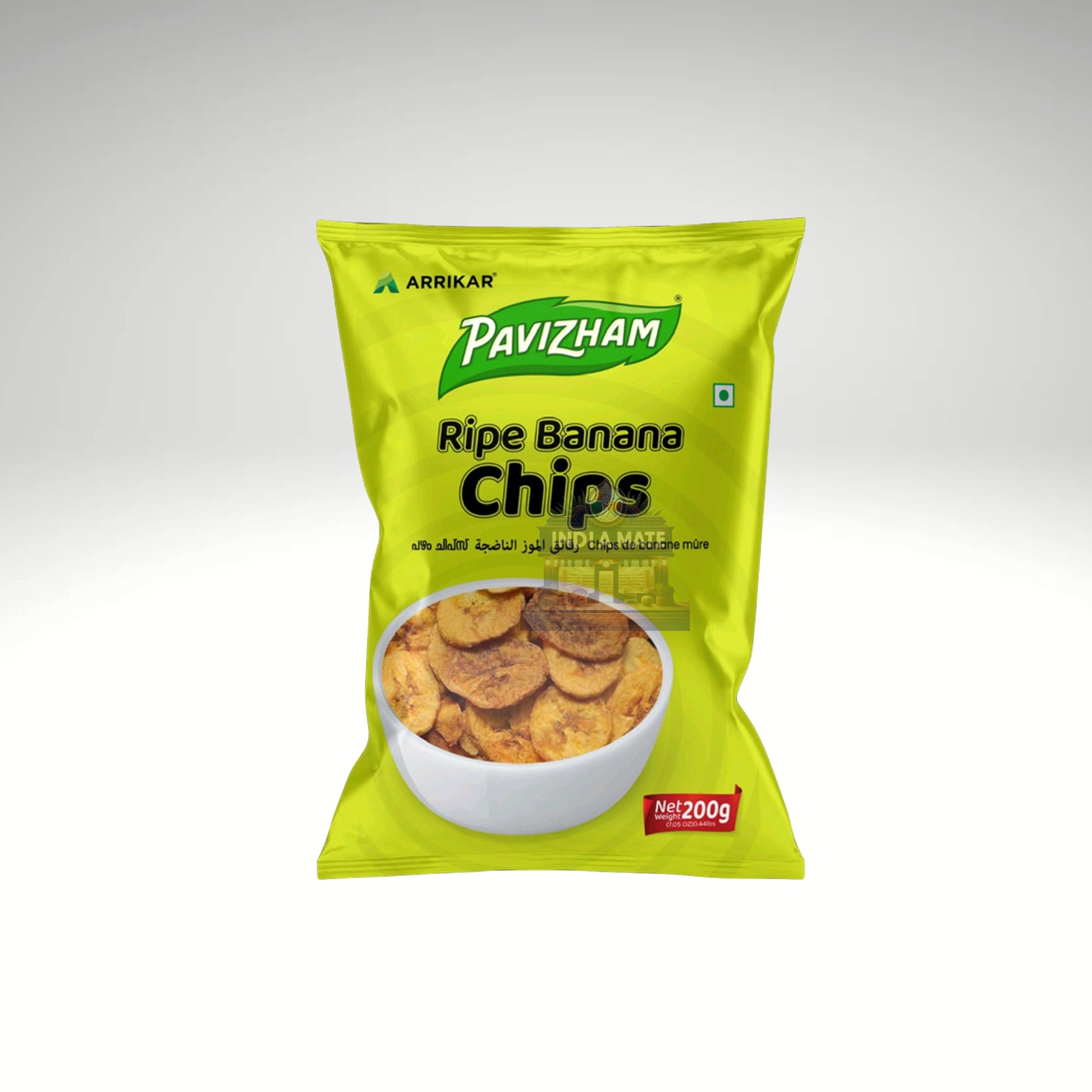 A pack of Pavizham Ripe Banana Chips – sweet and crispy Kerala-style snack made from ripe bananas, available at indiamate.