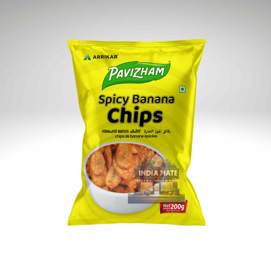 Pack of Arrikkar Pavizham Spicy Banana Chips on a white background