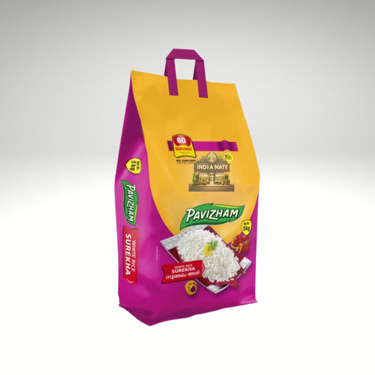 Pavizham Surekha Rice premium long-grain fluffy aromatic rice.