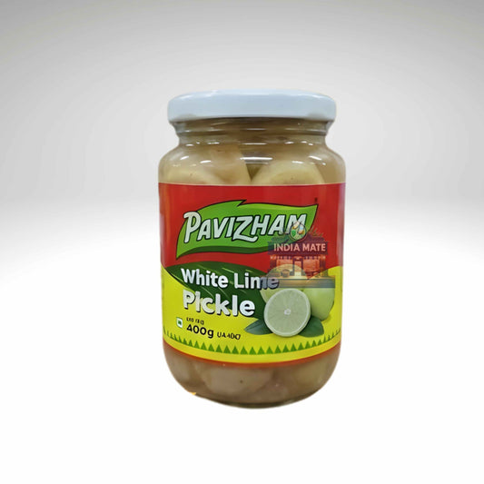 Jar of Pavizham White Lime Pickle on a white background