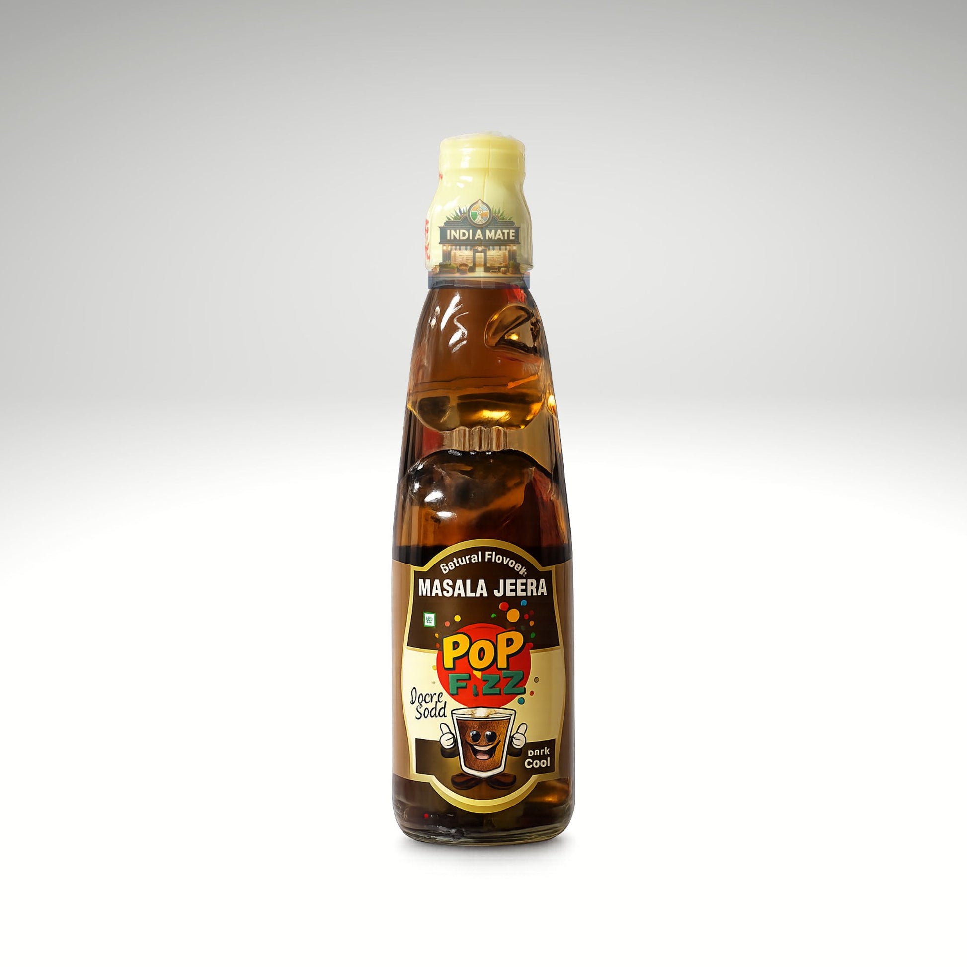 Bottle of Pop Fizz Masala Jeera goli soda on a white background.
