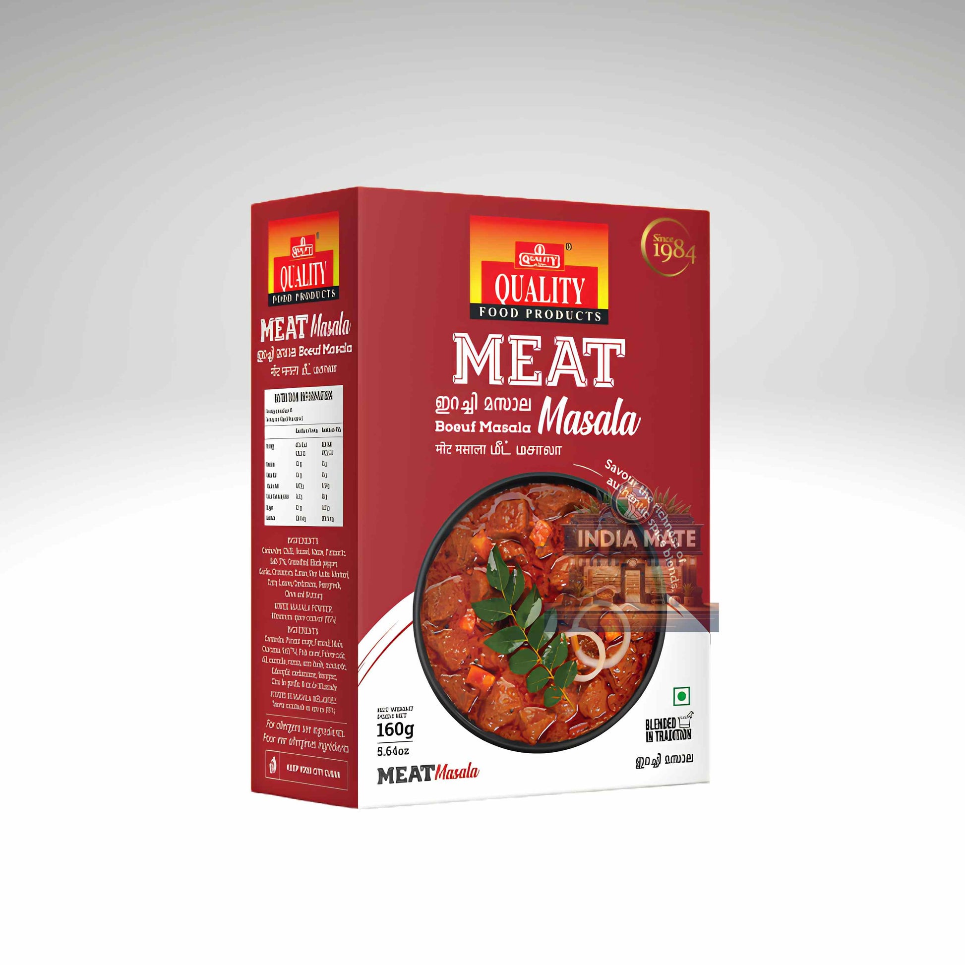 A box of Quality Food Products Meat Masala, 160g, shown at a three-quarter angle on a light gray gradient background. The packaging is primarily dark red with a white bottom section, featuring a photo of a cooked meat curry on the front.