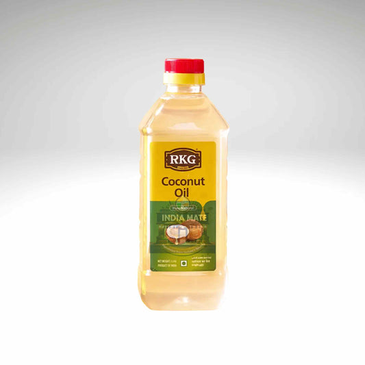 Bottle of RKG Coconut Oil on a white background