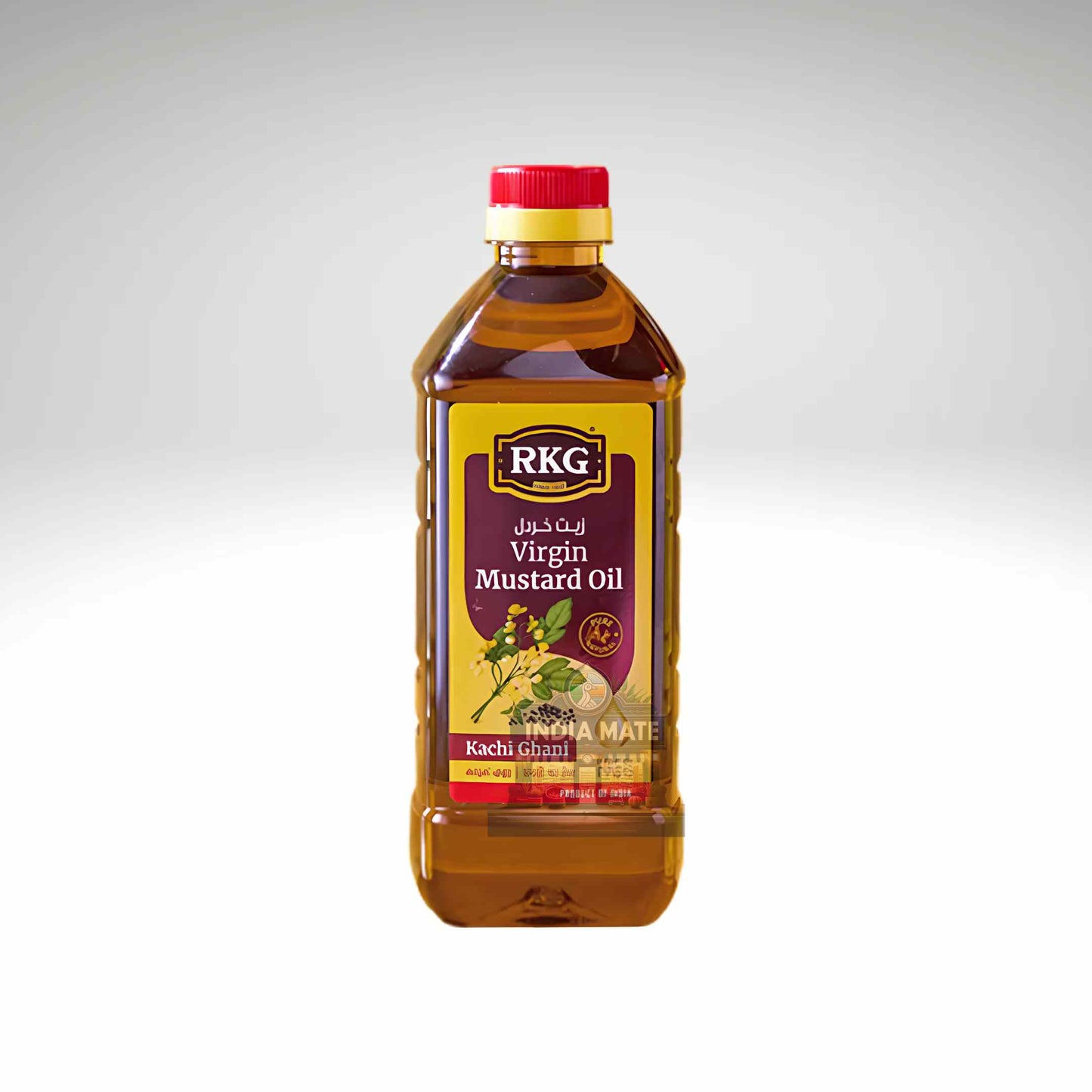 Bottle of RKG Virgin Mustard Oil on a white background