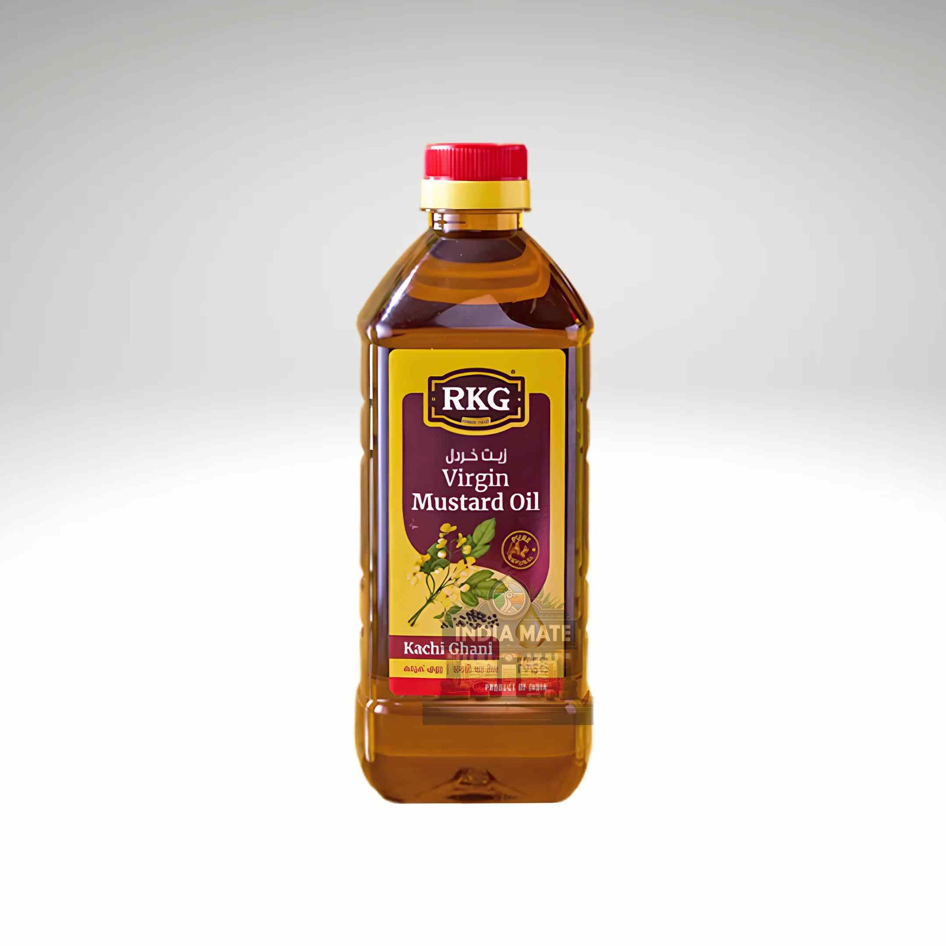 Bottle of RKG Virgin Mustard Oil on a white background