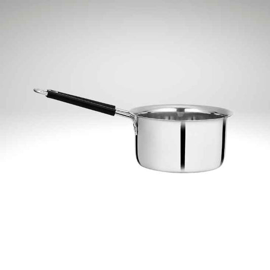 A stainless steel saucepan with a black handle, shown from a side angle on a light gray gradient background.