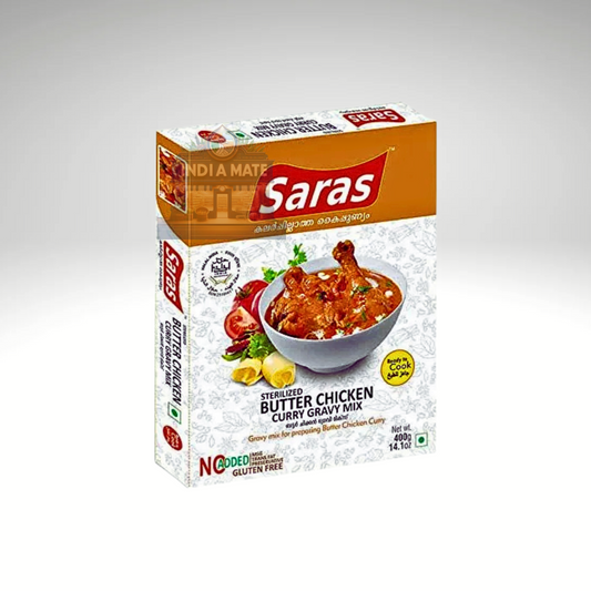 Saras Butter Chicken Gravy Mix, rich and creamy spice mix for authentic butter chicken, shown in branded packaging with product details.