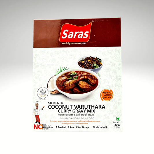 Saras coconut varuthara gravy mix, a blend of spices and coconut, designed for creating rich and flavorful gravies in South Indian cuisine