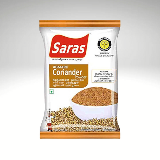 Saras coriander powder, finely ground spice with a warm, citrusy flavour, ideal for adding depth to South Indian and other culinary dishes.