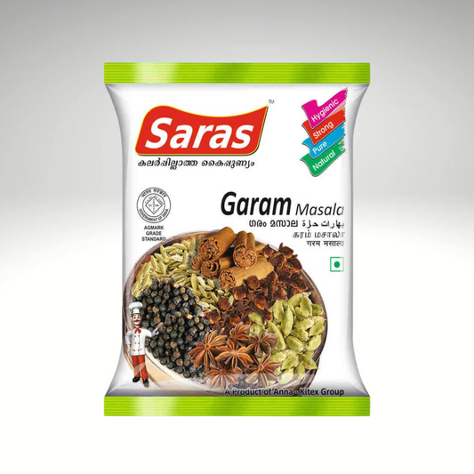 Saras garam masala, a fragrant blend of spices, perfect for adding warmth and depth to a variety of Indian dishes.