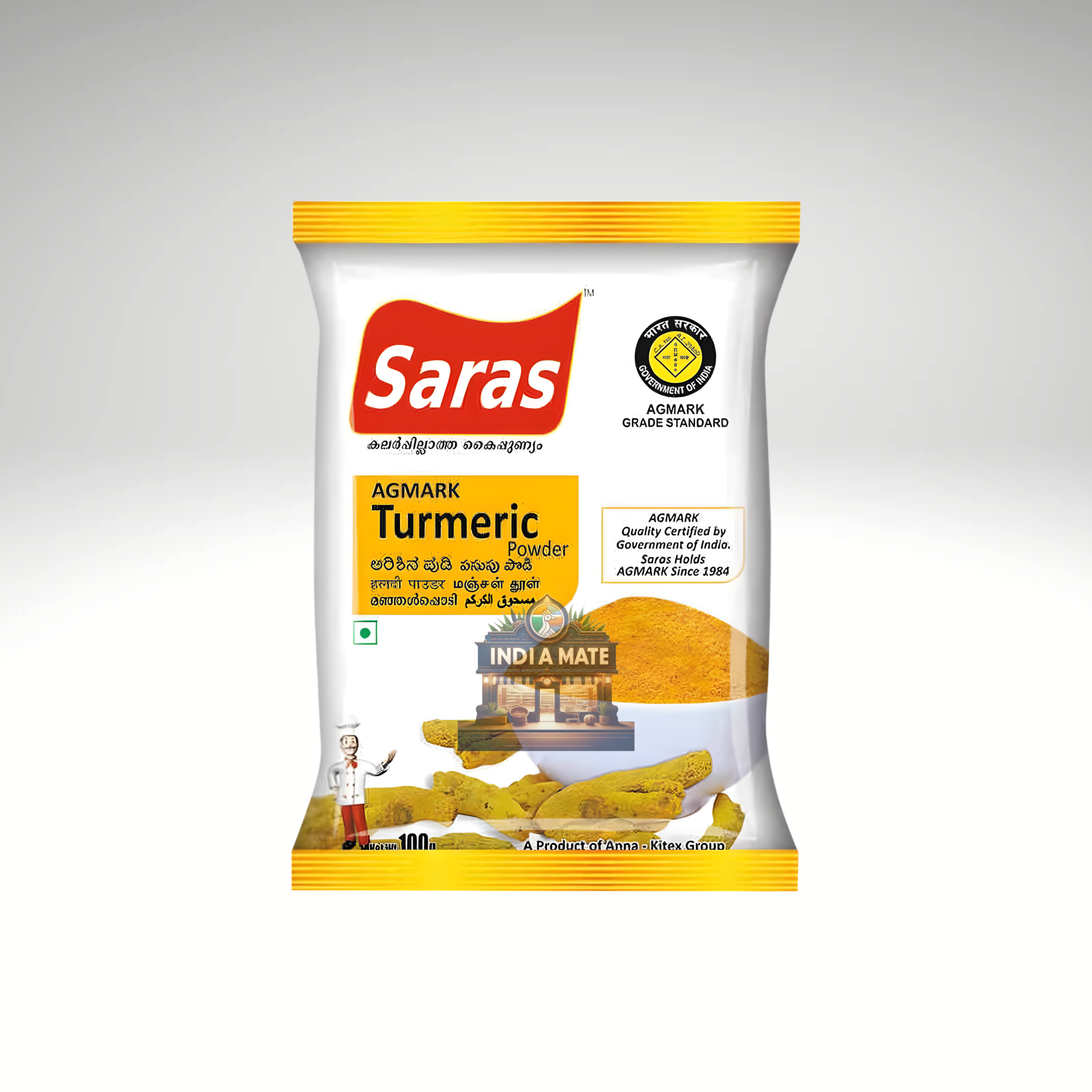 Saras turmeric powder, vibrant yellow and finely ground, known for its earthy flavour and health benefits, ideal for enhancing the colour and taste of Indian and other dishes.