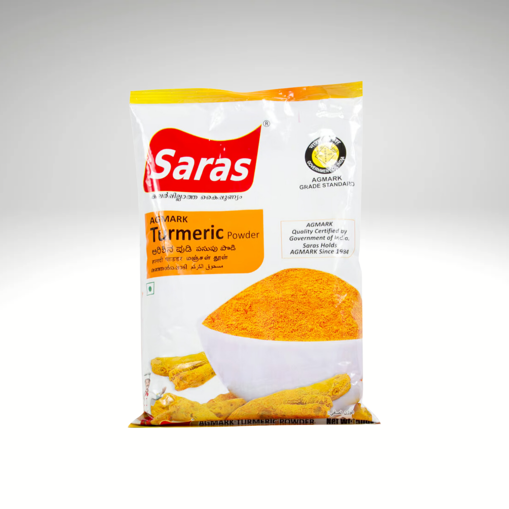 Saras turmeric powder, vibrant yellow and finely ground, known for its earthy flavour and health benefits, ideal for enhancing the colour and taste of Indian and other dishes.