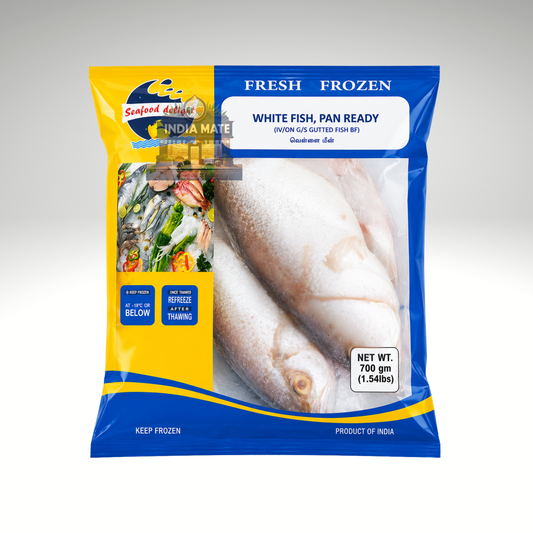 Packaged white fish in a blue and yellow Indi Mate branded packaging on a white background