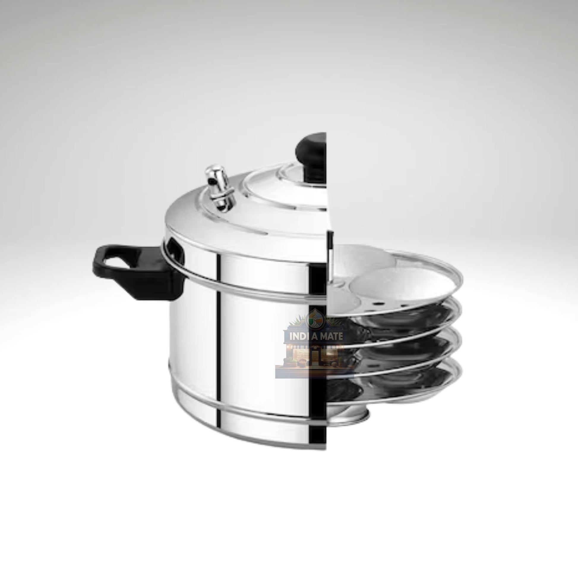 Stainless steel Idli Maker with multiple plates for steaming soft and fluffy idlis.