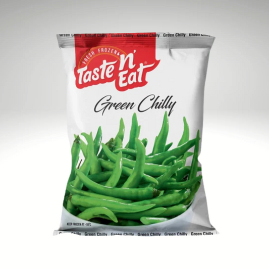 Taste 'n Eat fresh green chilies, vibrant and spicy, perfect for adding heat and flavour to Indian dishes.